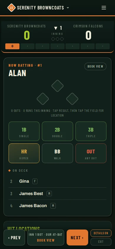 Mobile game scoring with a live scoreboard and quick result entry for each batter.